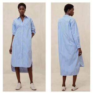 Banana Republic M Shirttail Midi Dress Bold Blue Stripe Button-Up Long Sleeve